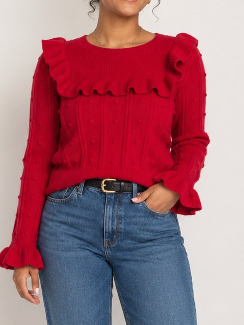 Kate Spade New York Ruffle Sweater X-Small Wool Blend Red Swiss Dot Preppy Knit